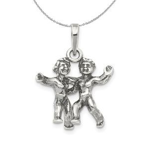 Sterling Silver Gemini the Twins Zodiac 3D Antiqued Necklace - 20 Inch